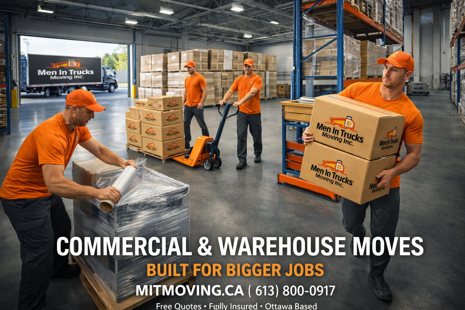 Professional warehouse movers in Ottawa loading palletized inventory onto an organized rack system