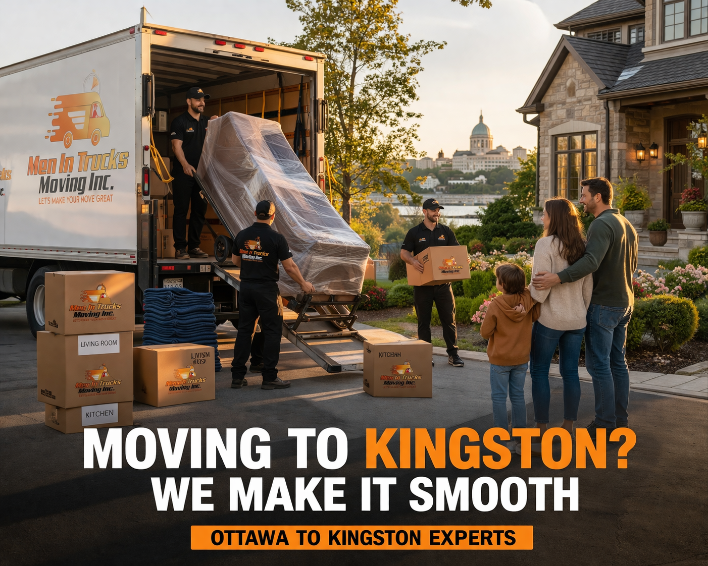 Men In Trucks moving truck loaded for an Ottawa to Greater Toronto Area relocation down Highway 401